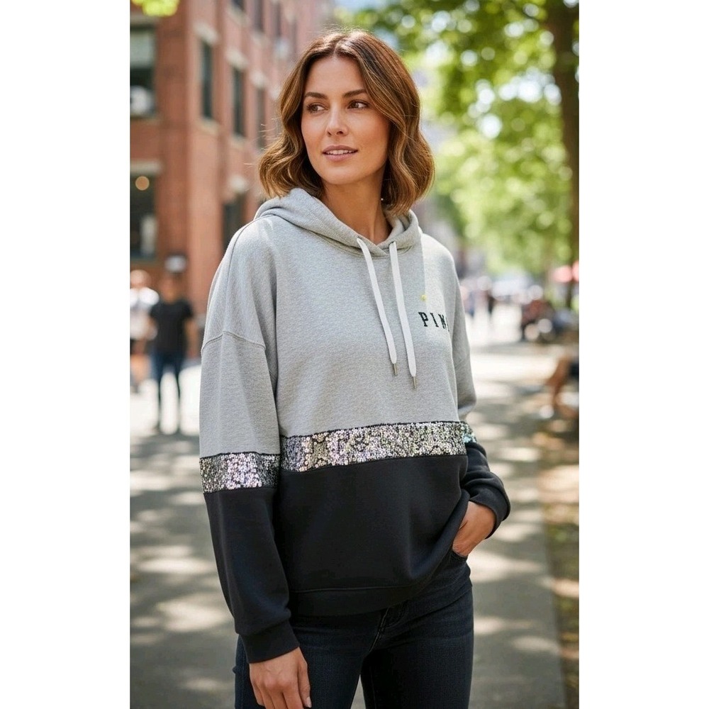 Victoria's‎ Secret PINK Gray Marled Sequin Hoodie SZ M Y2K 2000s Athleisure